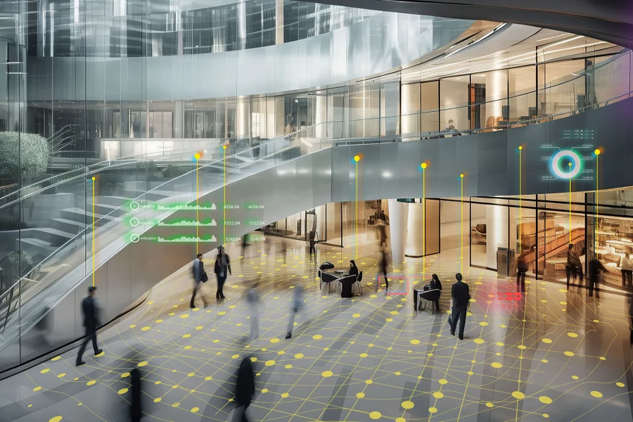 Top view Long exposure shot of modern office lobby with business people walking in fast movement, Generative AI
